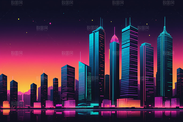 霓虹城市地标时尚插画