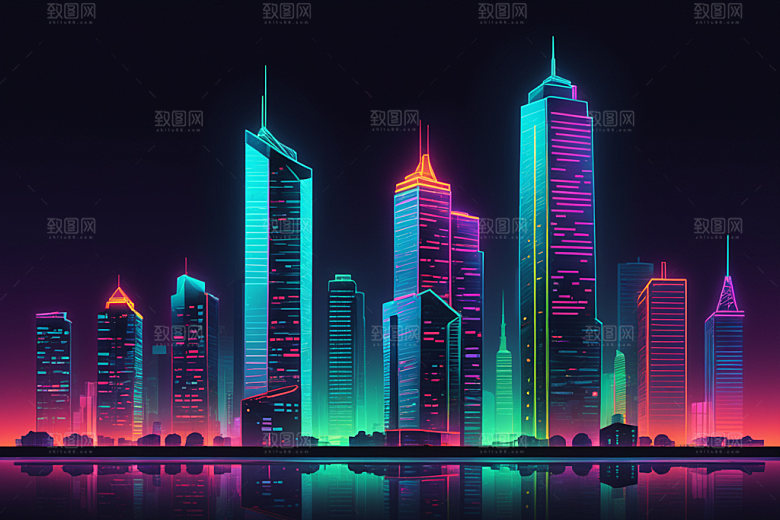 霓虹城市赛博朋克都市插画