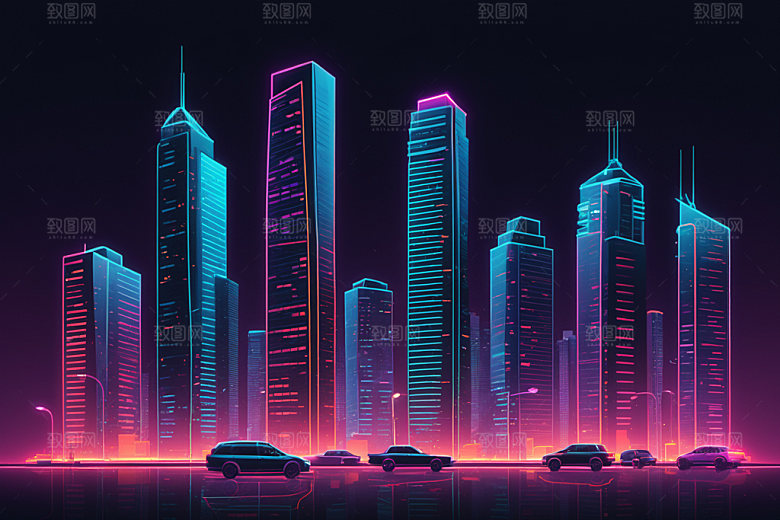 霓虹城市地标时尚插画