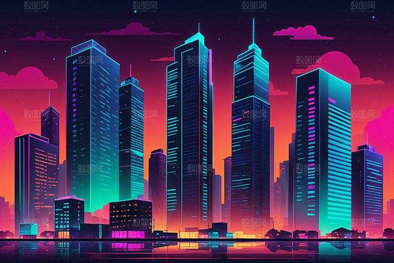 霓虹城市赛博朋克科技感插画