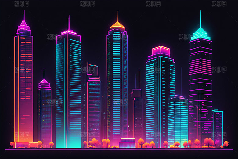 霓虹城市都市建筑插画