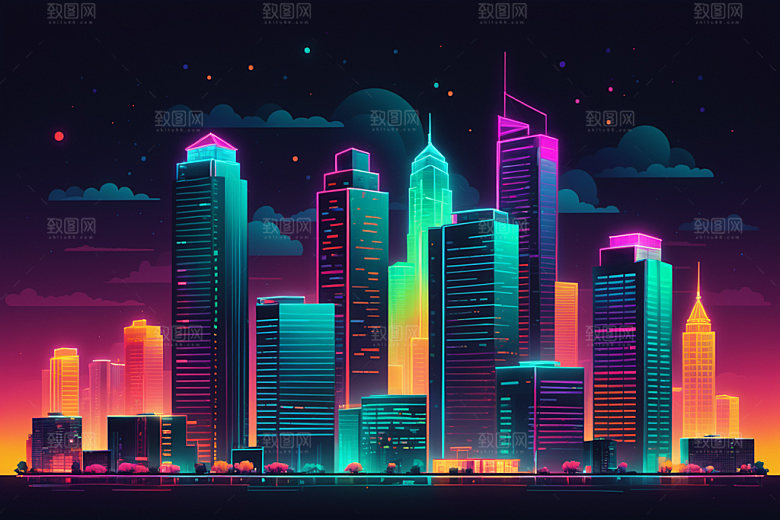 霓虹城市建筑元素插画