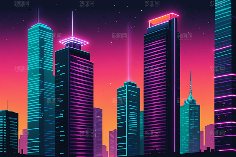 霓虹城市赛博朋克彩色插画