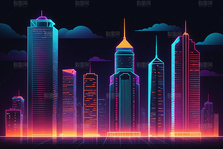 霓虹城市时尚地标插画