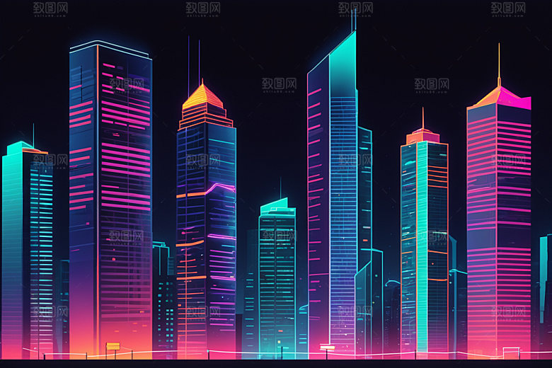霓虹城市科技感赛博朋克插画