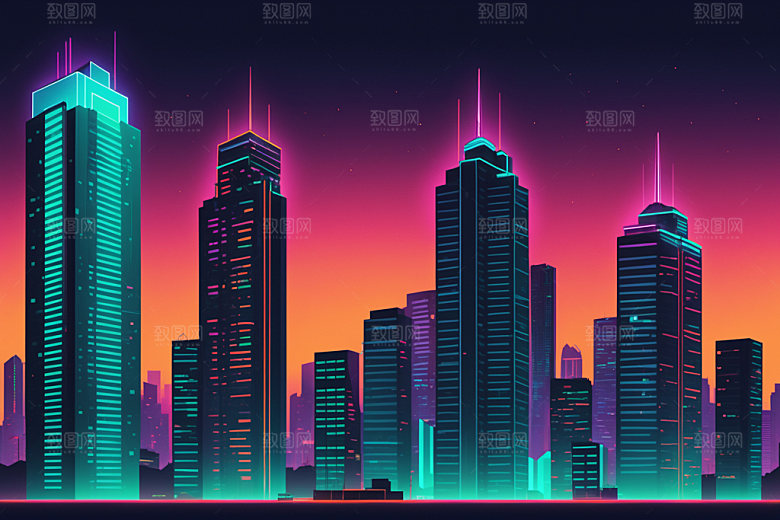 霓虹城市科技感都市插画