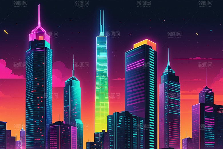 霓虹城市时尚彩色插画