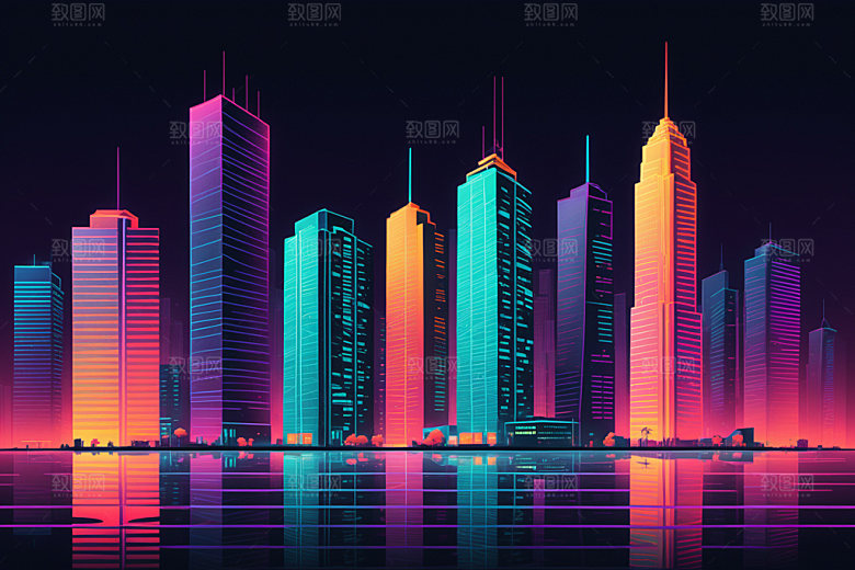 霓虹城市科技感地标插画