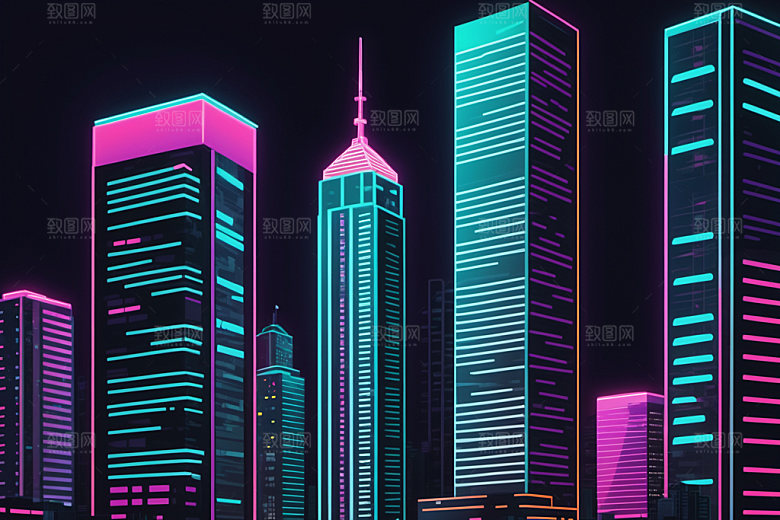 霓虹城市建筑地标插画