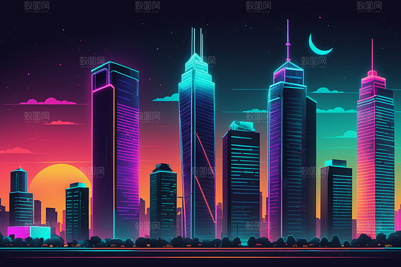 霓虹城市科技感赛博朋克插画
