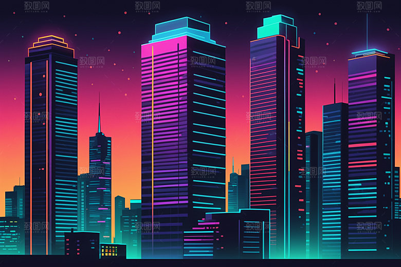 霓虹城市赛博朋克科技感插画