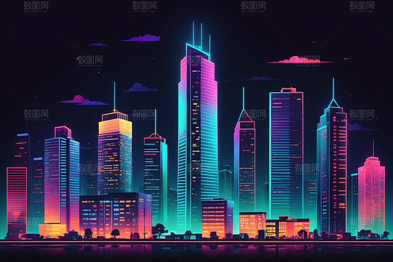 霓虹城市建筑地标插画