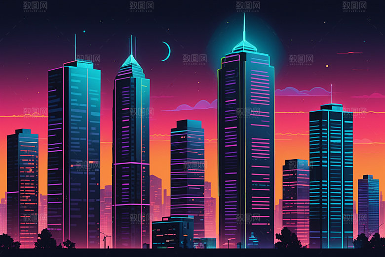 霓虹城市彩色未来插画