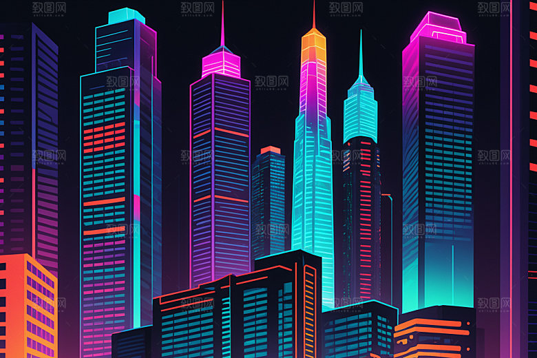 霓虹城市元素时尚插画