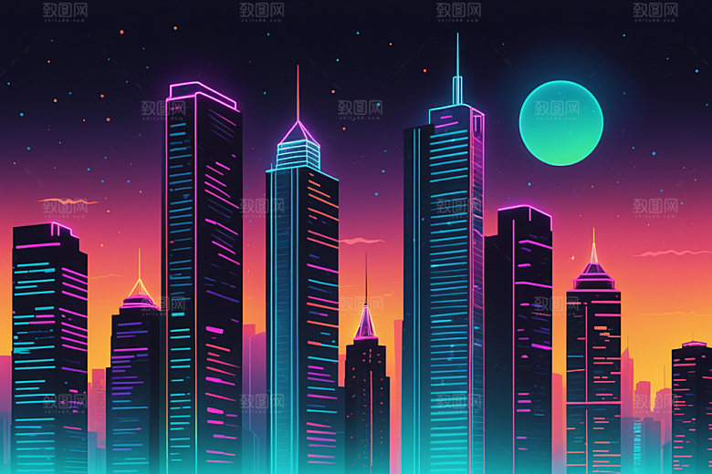 霓虹城市建筑赛博朋克插画