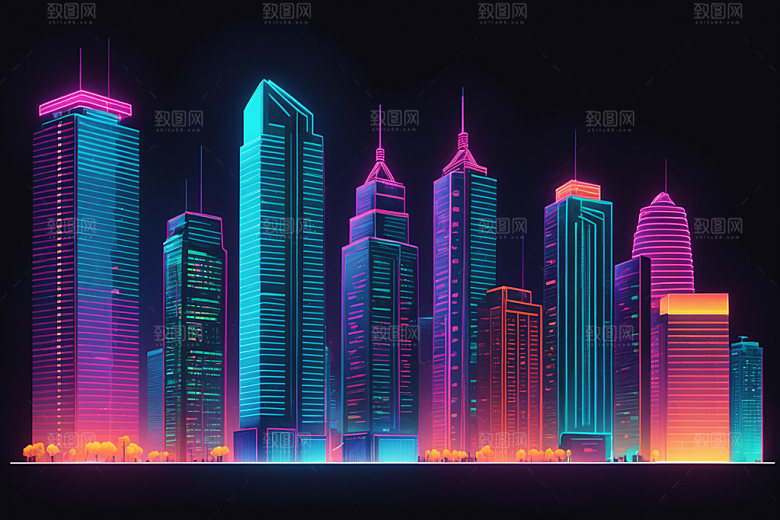霓虹城市元素地标插画