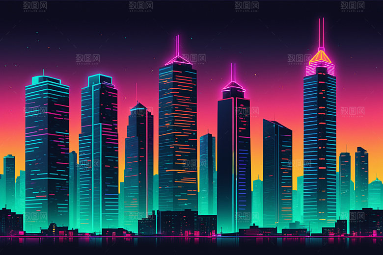 霓虹城市未来赛博朋克插画