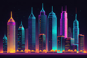 霓虹城市元素地标插画