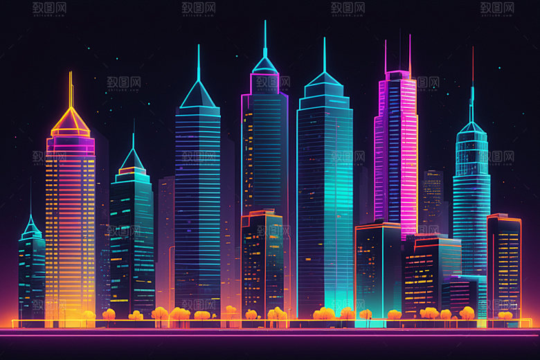 霓虹城市元素地标插画