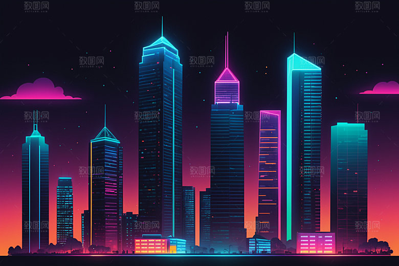 霓虹城市赛博朋克元素插画