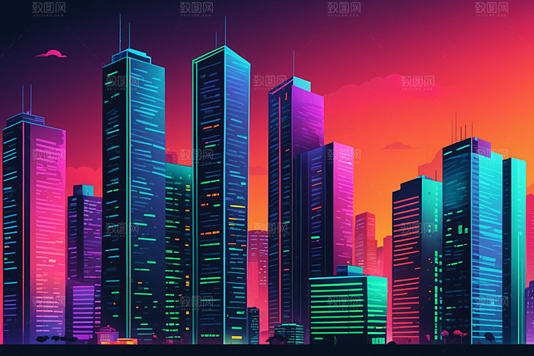 霓虹城市建筑赛博朋克插画