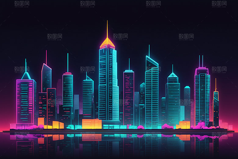 霓虹城市元素彩色插画