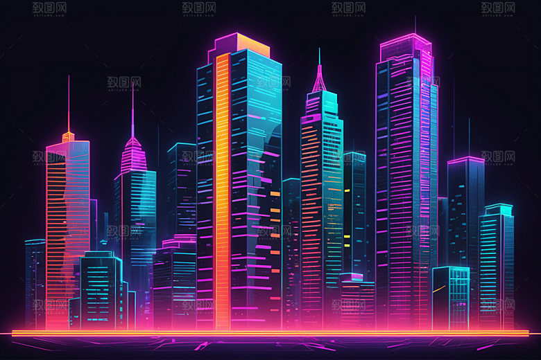 霓虹城市彩色科技感插画