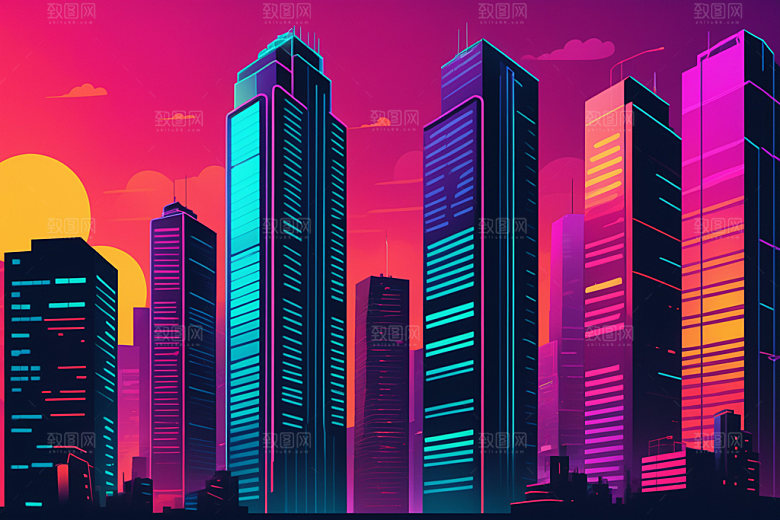 霓虹城市元素赛博朋克插画