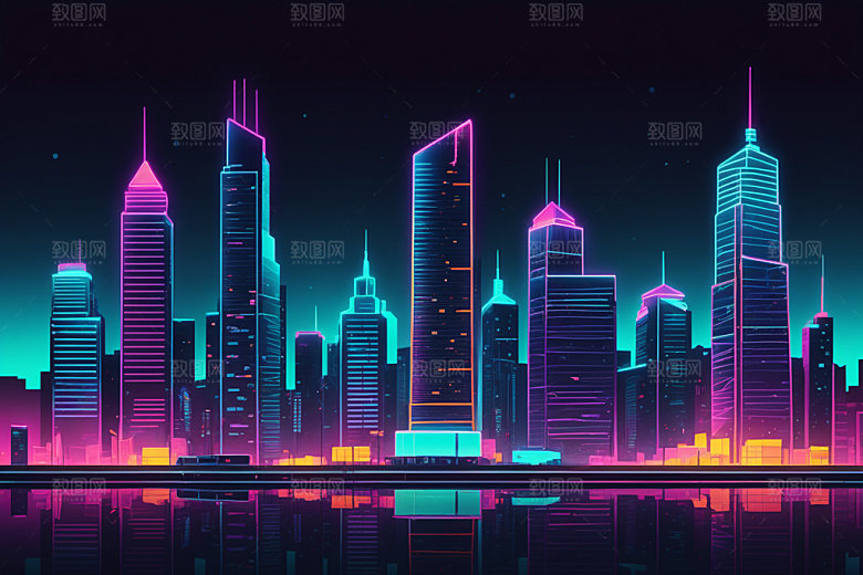 霓虹城市建筑都市插画