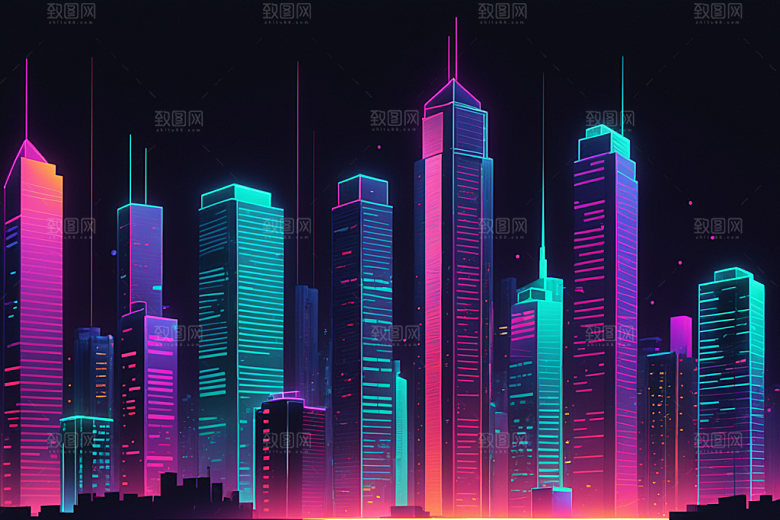 霓虹城市建筑地标插画