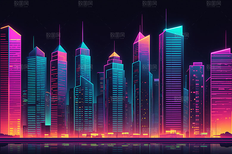 霓虹城市彩色未来插画