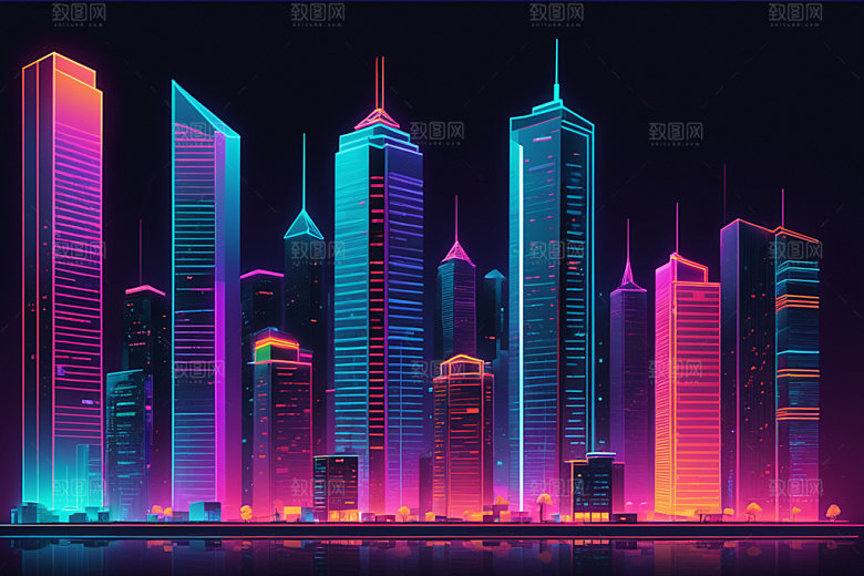 霓虹城市地标赛博朋克插画