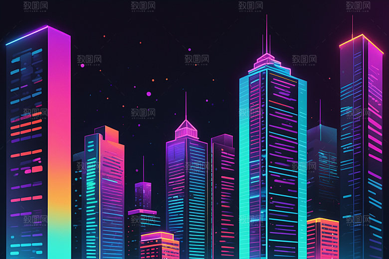 霓虹城市彩色地标插画