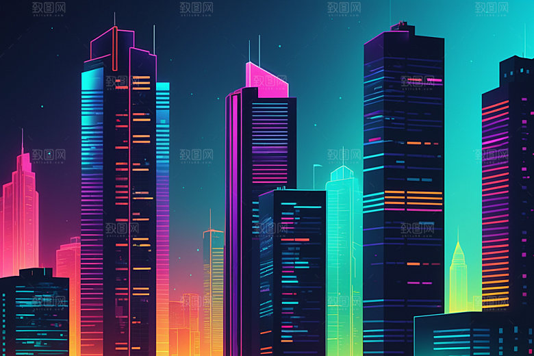 霓虹城市赛博朋克科技感插画