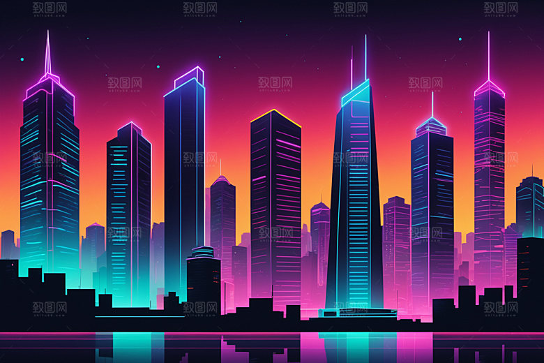 霓虹城市科技感彩色插画
