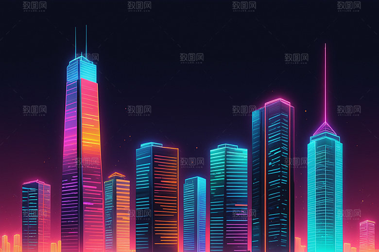 霓虹城市科技感建筑插画
