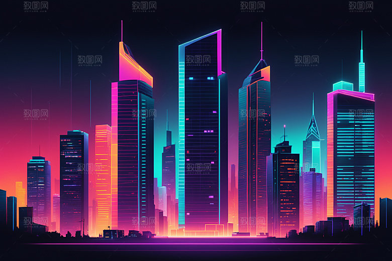 霓虹城市彩色科技感插画