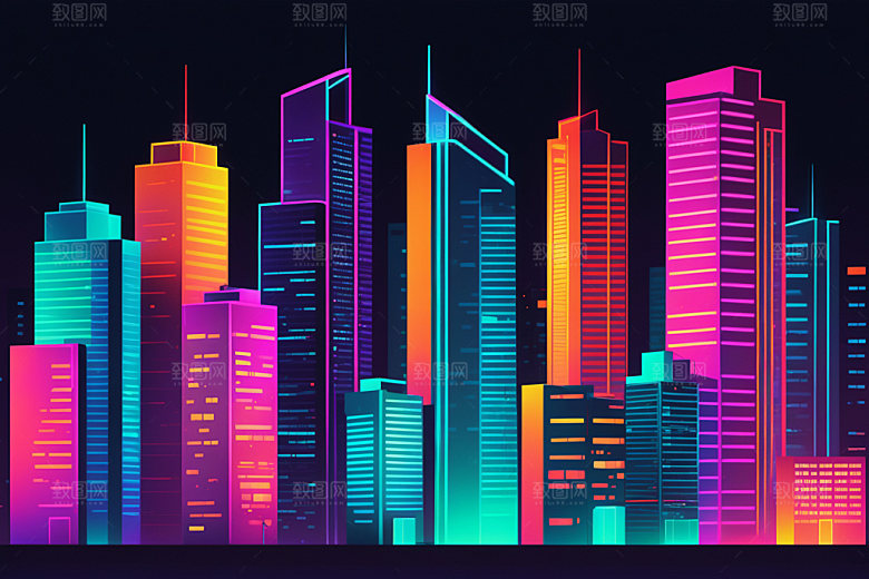 霓虹城市未来建筑插画
