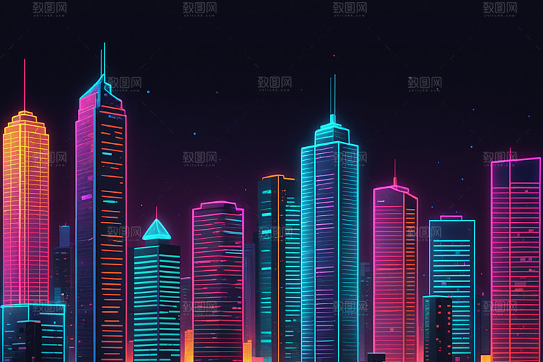 霓虹城市科技感都市插画