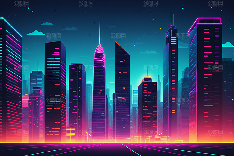 霓虹城市未来地标插画