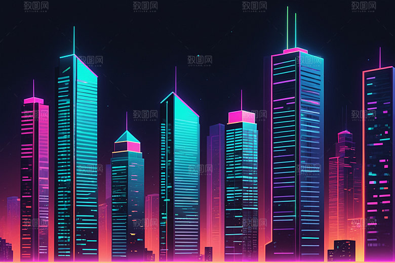 霓虹城市科技感建筑插画