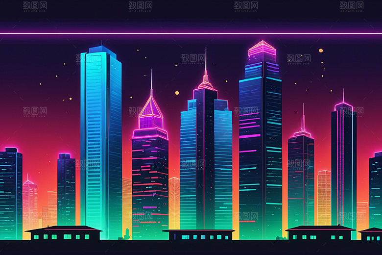 霓虹城市建筑科技感插画