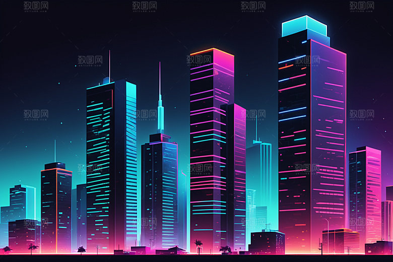 霓虹城市元素时尚插画