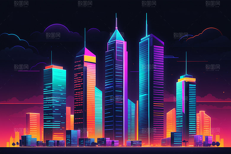 霓虹城市地标建筑插画