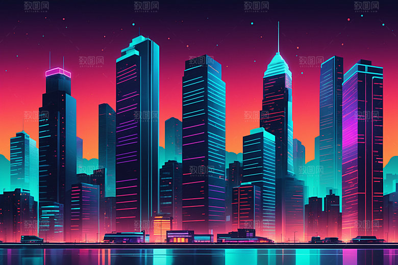 霓虹城市地标未来插画