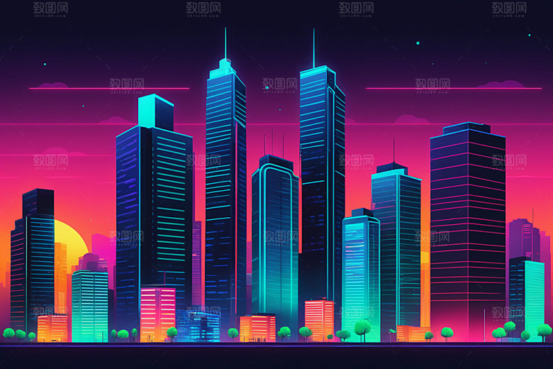 霓虹城市都市彩色插画