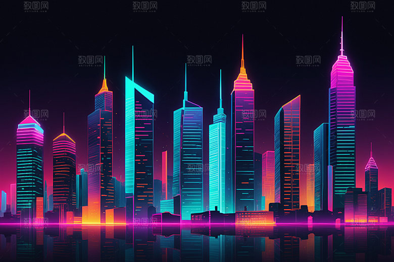霓虹城市科技感建筑插画