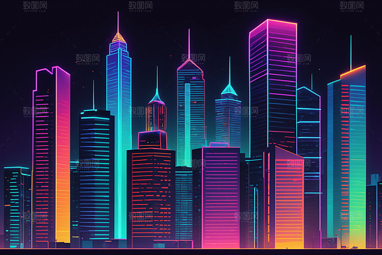 霓虹城市赛博朋克彩色插画