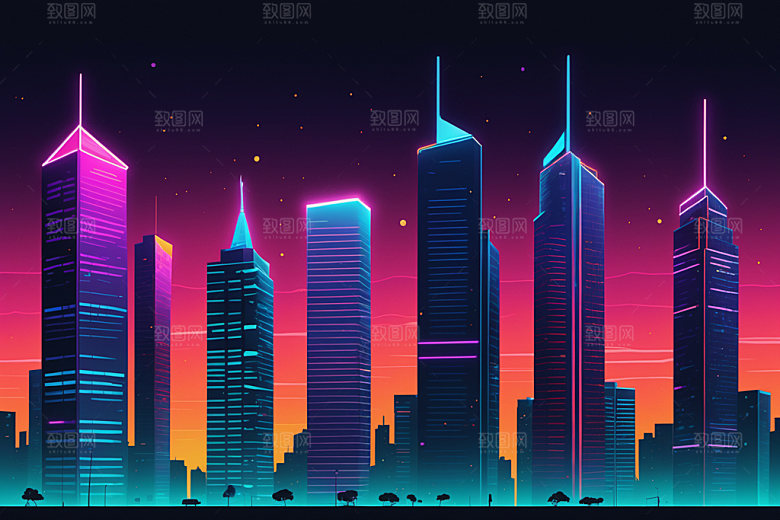 霓虹城市都市建筑插画