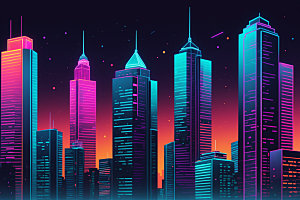 霓虹城市地标建筑插画
